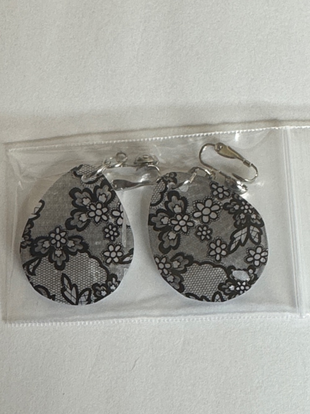 Black Floral Lace Print Clip-On Teardrop Earrings